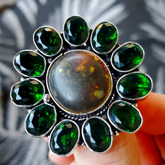 New Stunning Amber & Diopside 925 Silver Statement Ring. - Picture 1 of 15